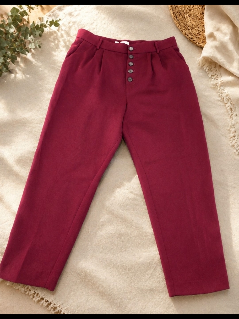 Anthropologie Burgundy Trousers with Floral Waist Trim